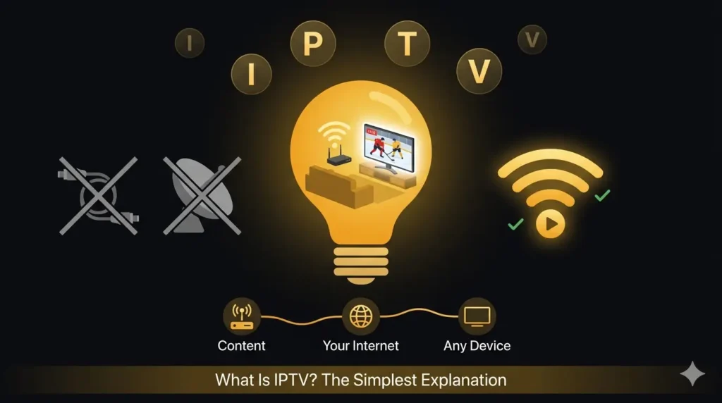 What is IPTV — simple visual explanation showing internet delivering live TV channels to any device without cable or satellite